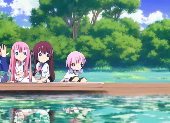 Prompt: anime screenshot pattern, anime family enjoying the scenery of a lake. original cute girl doing cute things / iyashike / slice life gainax 4 k ultrahd award winning