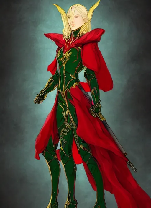 Image similar to Full body portrait of a beautiful young blonde short haired elven princess wearing red, green and gold armour robe. In style of Yoji Shinkawa and Hyung-tae Kim, trending on ArtStation, dark fantasy, great composition, concept art, highly detailed.