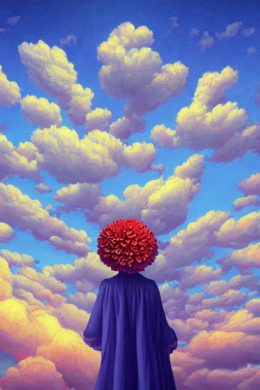 Image similar to closeup, giant carnation flower head, woman walking, surreal, clouds in sky, impressionist painting, digital painting, artstation, rob gonsalves