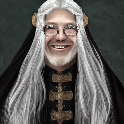 Prompt: noble elf male in black robes, long white hair, smiling, sunglasses, hyperrealistic
