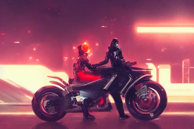 Image similar to man sitting on parked motorcycle. red black white leather jacket cyberpunk helmet. Black motorcycle orange emissive glowing wide angle shot long distance Bladerunner 2049 Wadim Kashin Wenjun Lin beautiful cyberpunk city night time