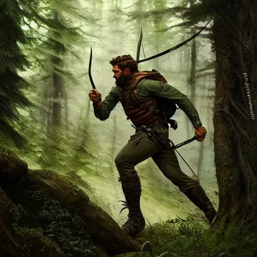 Image similar to Rugged male ranger running through the forest, masculine, D&D, muscular, fantasy, intricate, elegant, highly detailed, digital painting, artstation, concept art, smooth, sharp focus, illustration, art by artgerm and greg rutkowski and alphonse mucha