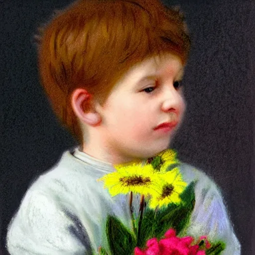 Image similar to a young boy is holding a bouquet of flowers, a pastel by bourgeois, pixabay, art & language, stockphoto, vray