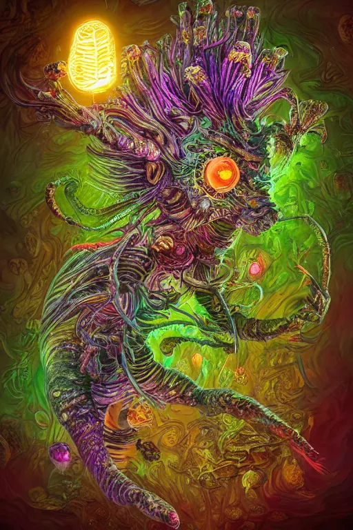 Image similar to creature sushi roots cactus elemental flush of force nature micro world fluo light deepdream a wild amazing steampunk baroque ancient alien creature, intricate detail, colorful digital painting radiating a glowing aura global illumination ray tracing