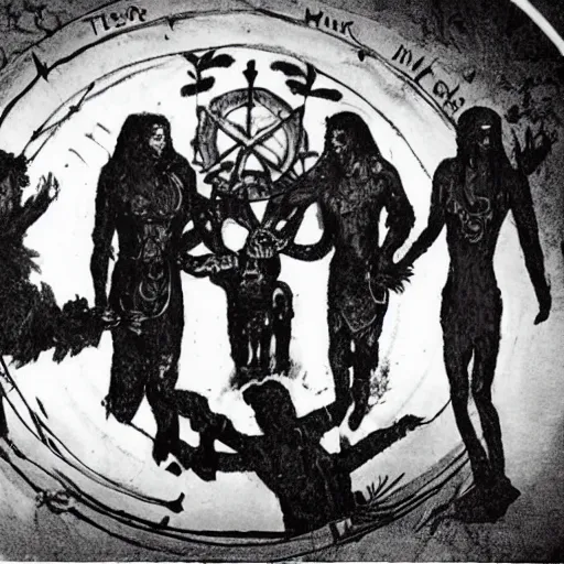 Prompt: photo of a secret atlantian occult ritual with warlocks holding hands in a circle