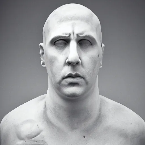 Prompt: Award-winning photograph by Chema Madoz. The photo depicts a decaying roman bust of Nicolas Cage at the bottom of the sea. Minimalism, high definition, perfect composition. Deep sea picture. Very dark. Volumetric Lighting. Fish. Darkness. Ruins