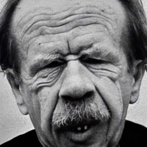 Image similar to a closeup of vaclav havel in a frame from a jan svankmajer movie