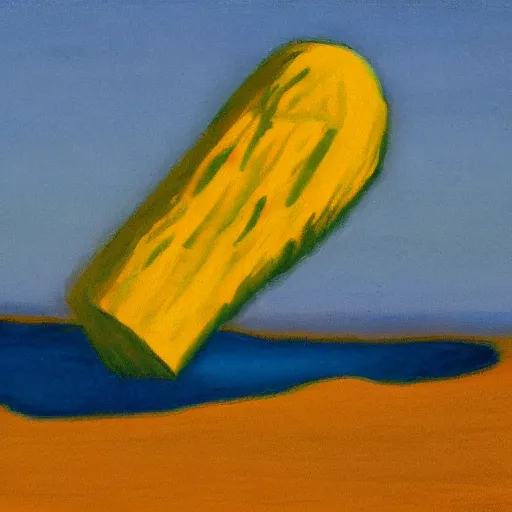 Image similar to a fauvist painting of a strange alien artifact poking out from the sand, late evening light