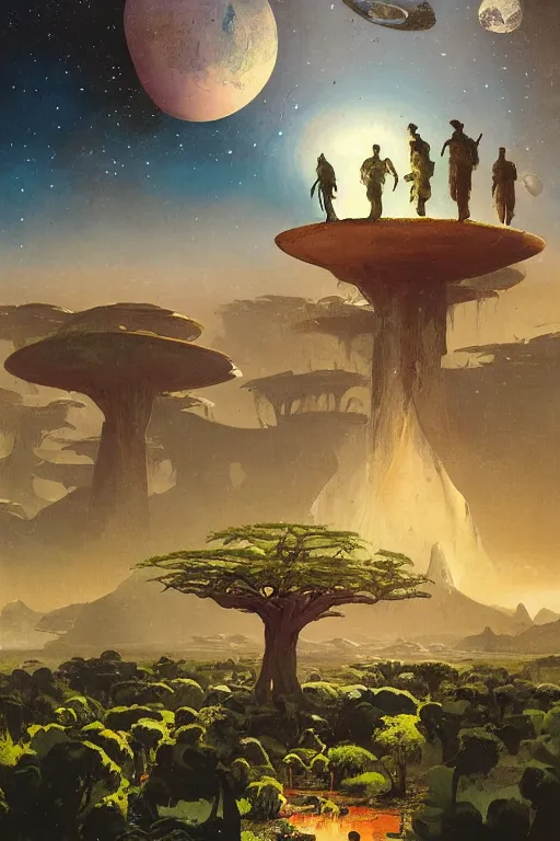 Prompt: 5 0 s pulp scifi illustration, space explorers in beautiful landscape, plain stretching into distance, pond, baobab trees, distant mountains, nebula, painted by bergey, craig mullins, john berkey, ruan jia, rodney matthews, jeremy mann, beksinski, jack kirby, tom lovell, alex malveda