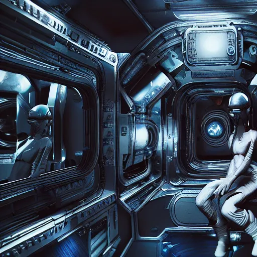 Image similar to xenomorph inside a space station, unreal, cinema 4d render, Ray tracing reflection, natural lighting, Cinematic shot