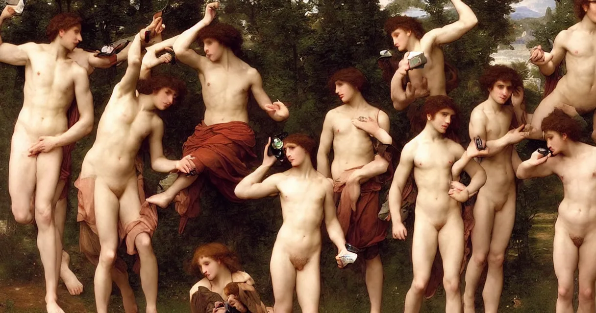 Image similar to large group of pre-Raphaelite muscular athletic male gamers wearing headsets!!!!! holding laptops!!!! playstation!!! x-box! and PC by Bouguereau and raphael