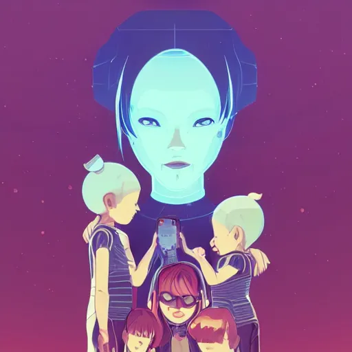 Prompt: a robot mother and her human children. beautiful clear well composed image. clean cel shaded vector art by lois van baarle, artgerm, helen huang, by makoto shinkai and ilya kuvshinov, rossdraws, illustration, art by ilya kuvshinov