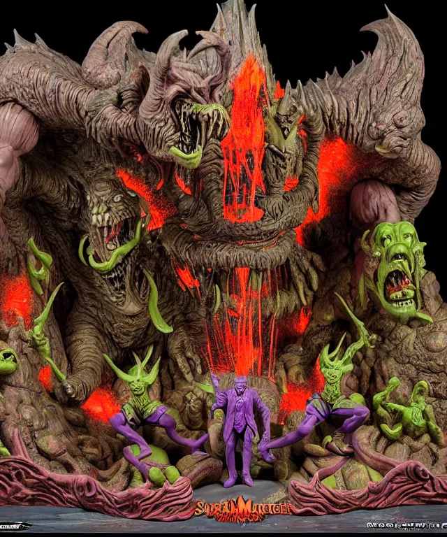 Prompt: a hyperrealistic rendering of an epic boss fight against an ornate supreme dark overlord by art of skinner and richard corben, product photography, mountain nightmare castle playset, collectible action figure, sofubi, neon color