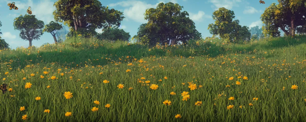 Image similar to a beautiful meadow landscape with cute happy bees flying, flowers, happy trees, photorealistic, octane render, rtx, hdr, unreal engine, digital art widescreen 8 k