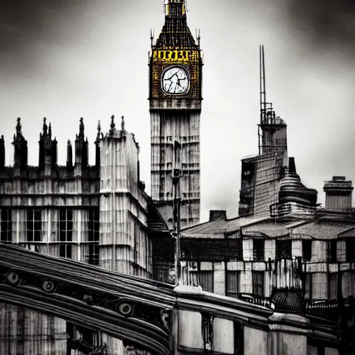 Image similar to A woman wearing a trench coat,a black hat and red high heels flying high in the sky above the tall buildings,the Big Ben is in background, top down perspective,gloomy lighting,creepy atmosphere,digital art , highly detailed , high contrast, beautiful lighting, award winning , trending on art station, 8k, photo realistic