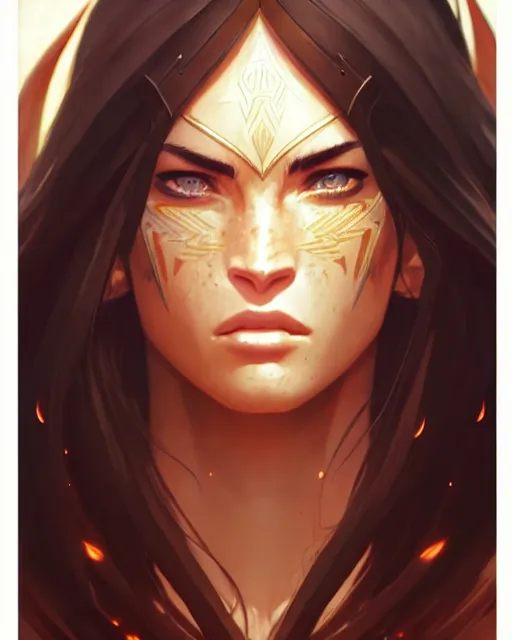 Image similar to azctec warrior, megan fox, detailed perfect face, exquisite details, fire magic, mid view, design on a white background, by studio muti, greg rutkowski makoto shinkai takashi takeuchi studio ghibli