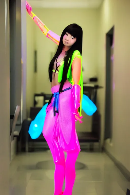 Prompt: young asian princess in neon cyberninja suite