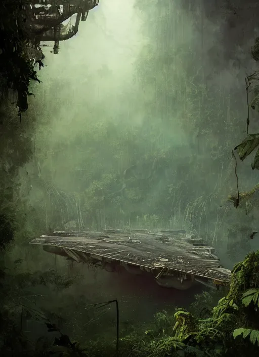 Image similar to decayed aircraft carrier USS Nimitz laying on the ground of a tropical forest overgrown with vegetation and hanging vines, post appocalyptic, by Luis Royo, by Greg Rutkowski, dark, gritty, intricate, cover illustration, concept art, volumetric lighting, volumetric atmosphere, sharp focus, octane render, trending on artstation, 8k