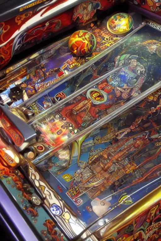 Image similar to pinball machine designed by brian froud