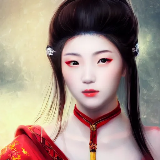 Prompt: high-detail portrait of a beautiful young Chinese woman with black hair that is white at the tips, with amber eyes, a white and red hanfu, masterpiece, trending on artstation, featured on pixiv, cinematic composition, dramatic pose, beautiful lighting, sharp, details, hyper-detailed, HD, HDR, 4K, 8K