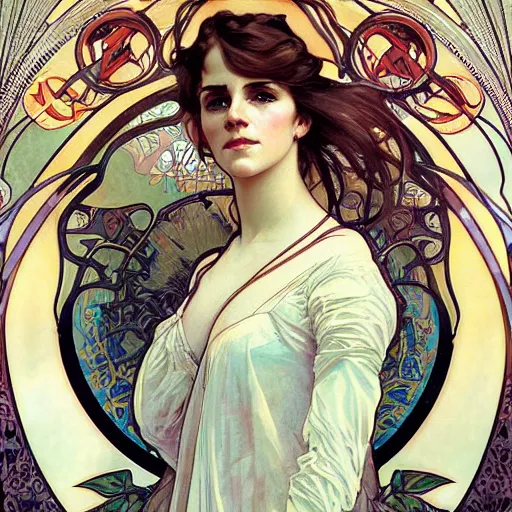 Prompt: realistic detailed portrait of a fully clothed yyoung emma watson by alphonse mucha, charlie bowater, art nouveau cyberpunk! style, mechanical accents!, flowing wires with leaves, rich deep moody colors