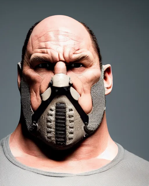 Prompt: A clean, beautiful studio portrait of Bane from the movie The Dark Knight Rises (2012) as a big guy for you, fully clothed, highly detailed, bokeh, 90mm, f/1.4