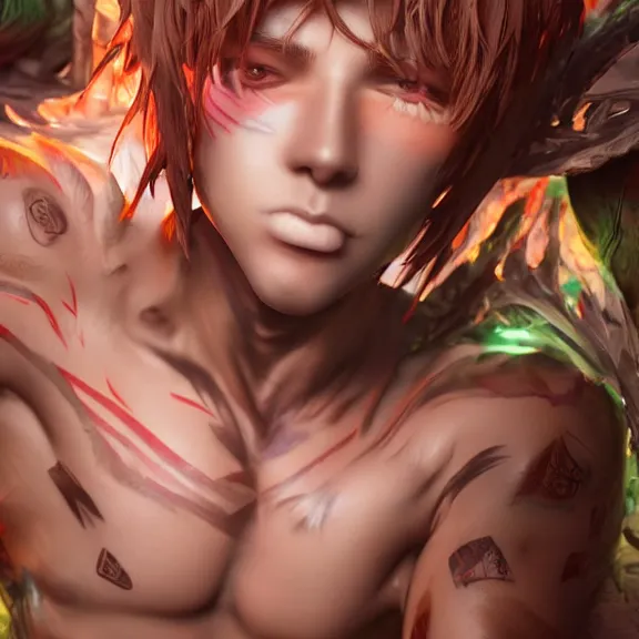 Image similar to 3D render of a cute anime boy covered in tribal body paint, fantasy artwork, fluffy, mid-shot, award winning, hyper detailed, very very very beautiful, studio lighting, artstation, unreal engine, unreal 5, 4k, octane renderer