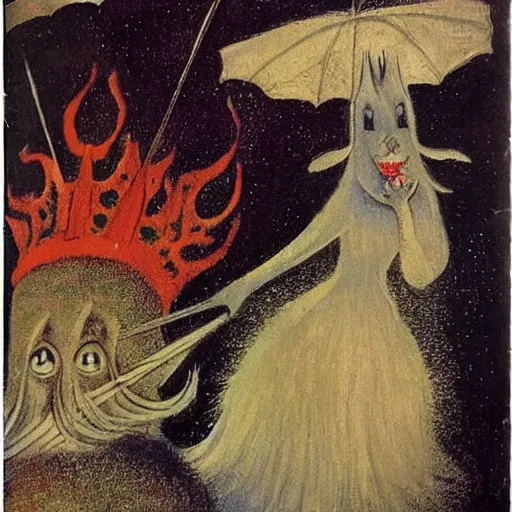 Prompt: by remedios varos, moomin, oil painting, met collection, vintage comics