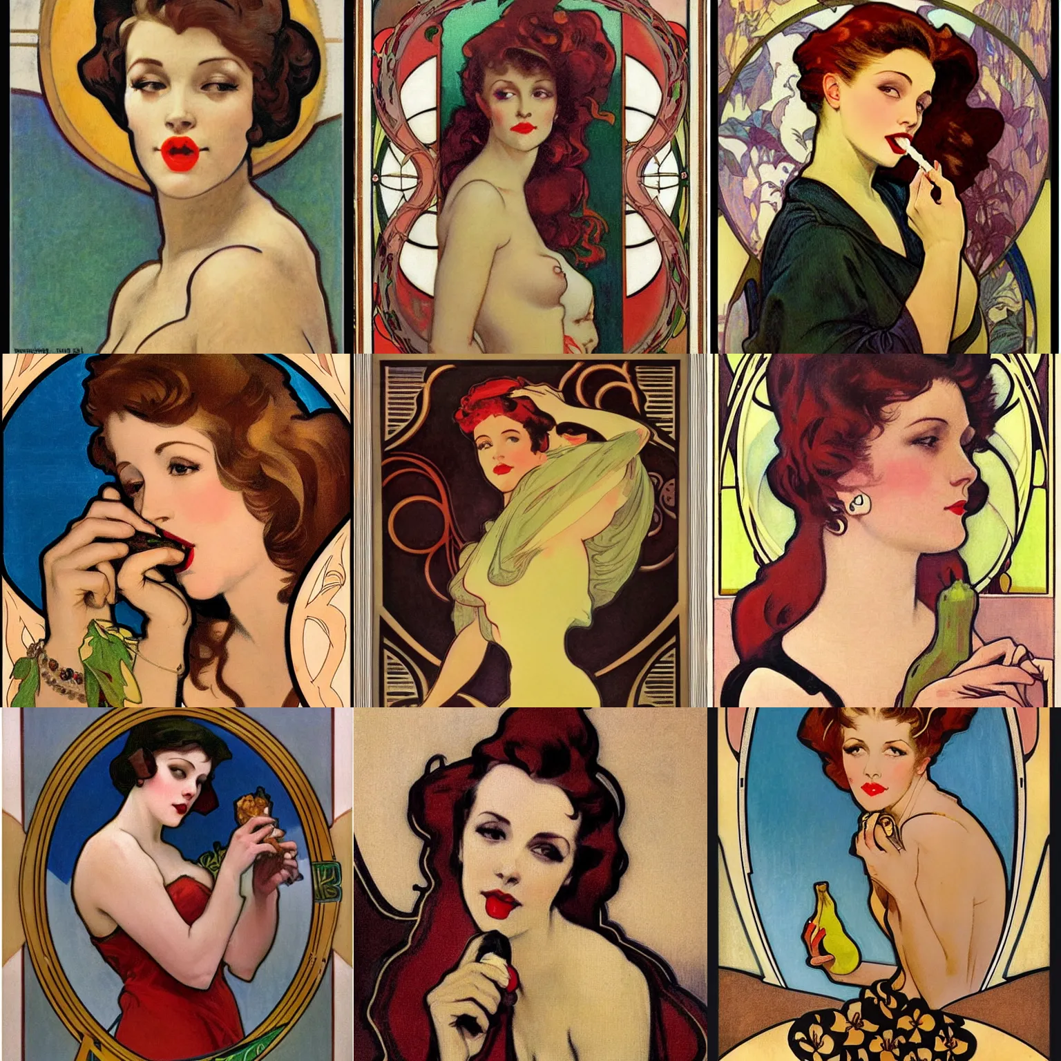 Prompt: a woman looking at the camera, eating a banana, pin - up girl, mucha, art nouveau, art deco