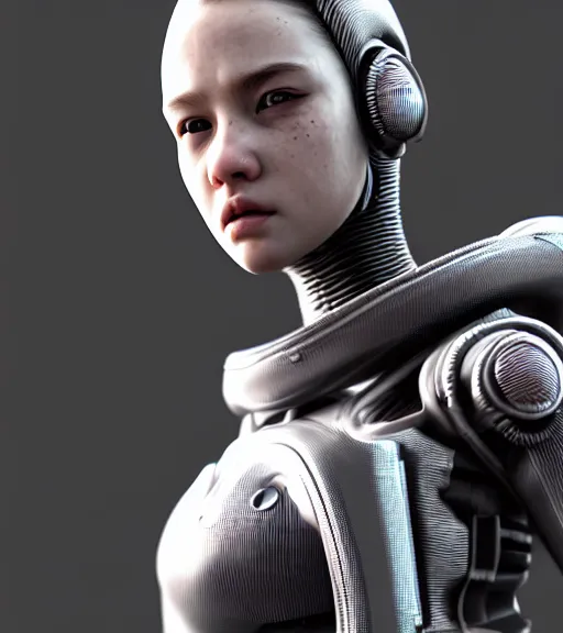 Image similar to complex 3 d render, hyper detailed, ultrasharp, cyberpunk android girl, digital portrait, concept art, illustration, natural soft rim light, hyper realistic, ultra detailed, 0 6 0 8 wear techwear clothing, octane render, darriel diano style, volumetric lighting, 8 k post - production, artstation hq, unreal engine 5, unity engine