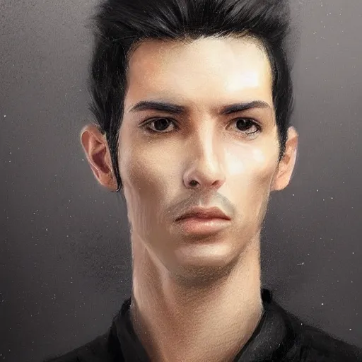 Image similar to portrait of a man by greg rutkowski, he is about 3 0 years old, short black hair with bangs, his features are peruvian, very tall and slender, he is wearing a beige and black utility jumpsuit, highly detailed portrait, digital painting, artstation, concept art, smooth, sharp focus ilustration, artstation hq