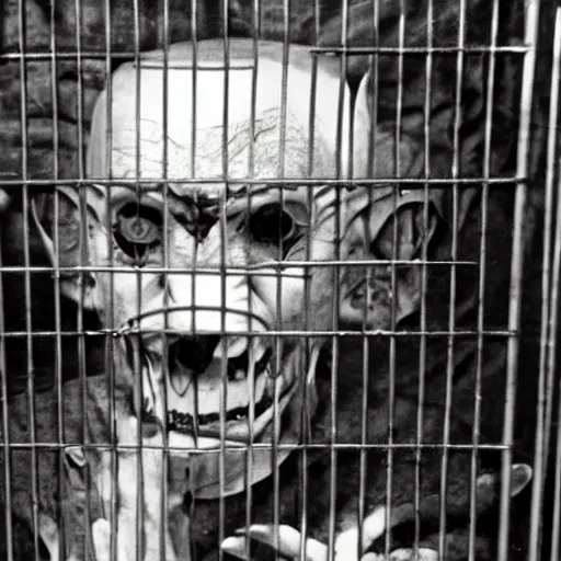 Image similar to nosferatu in a small cage at a pet store, for sale, surrounded by caged animals, detailed photograph