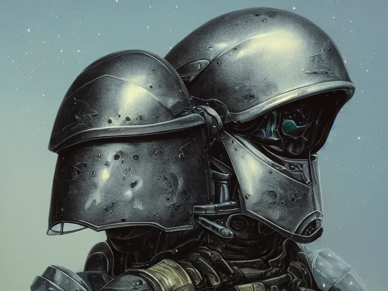 Prompt: a detailed profile portrait painting of a bounty hunter in combat armour and visor. Smoke. cinematic sci-fi poster. Cloth and metal. Welding, fire, flames, samurai Flight suit, accurate anatomy portrait symmetrical and science fiction theme with lightning, aurora lighting clouds and stars. Clean and minimal design by beksinski carl spitzweg giger and tuomas korpi. baroque elements. baroque element. intricate artwork by caravaggio. Oil painting. Trending on artstation. 8k