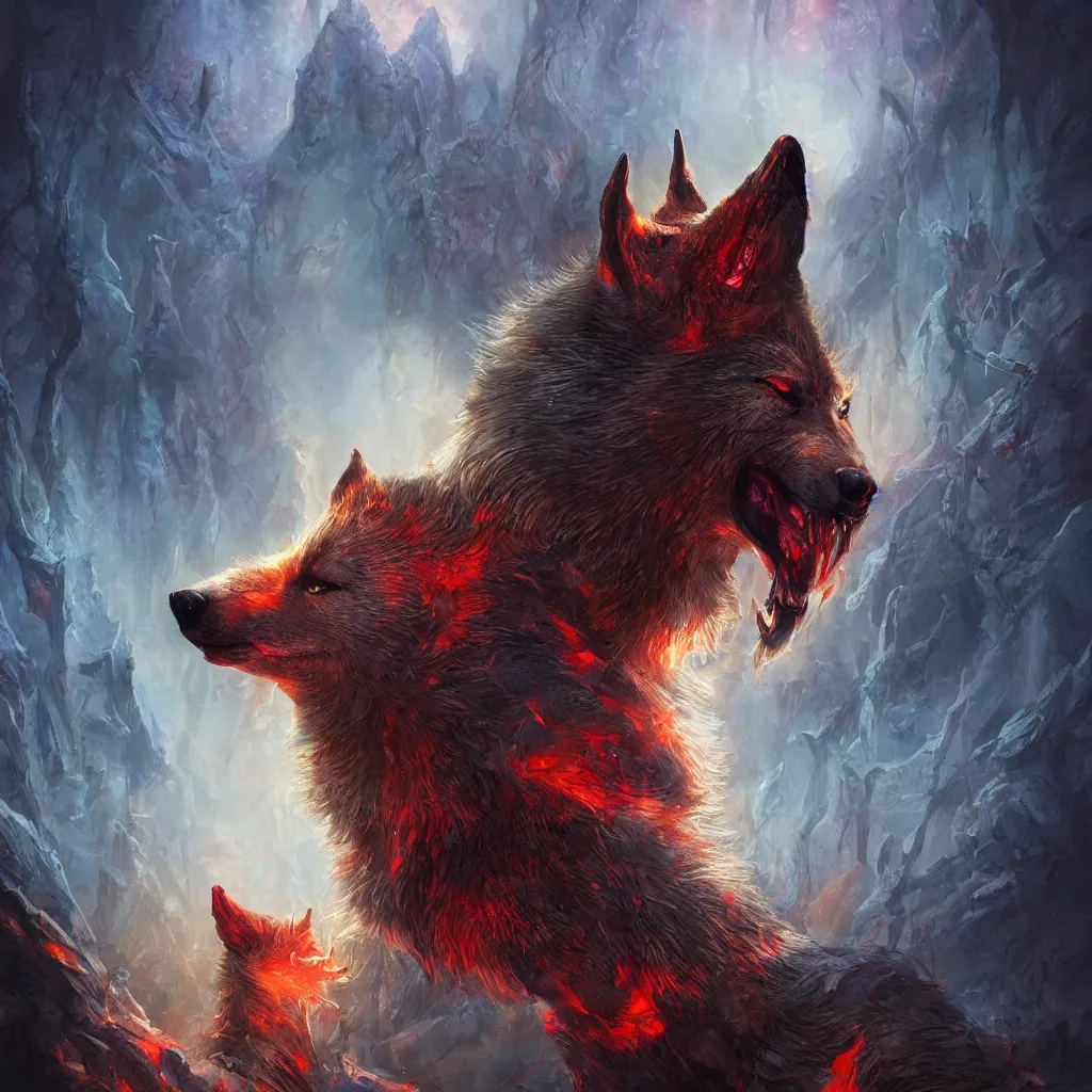 Image similar to Wolf in hell, vivid colors, sharp focus, digital art, Unreal Engine, Dramatic Lighting by Brom, trending on Artstation