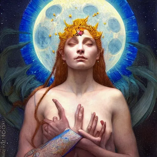 Image similar to queen of the moon with stars in her hair, by annie swynnerton and tino rodriguez and donato giancola and nicholas roerich and jean delville and diego rivera and charlie bowater and dulac, dramatic lighting, god rays, geometric tattoos, rich colors, smooth sharp focus, extremely detailed, adolf wolfli