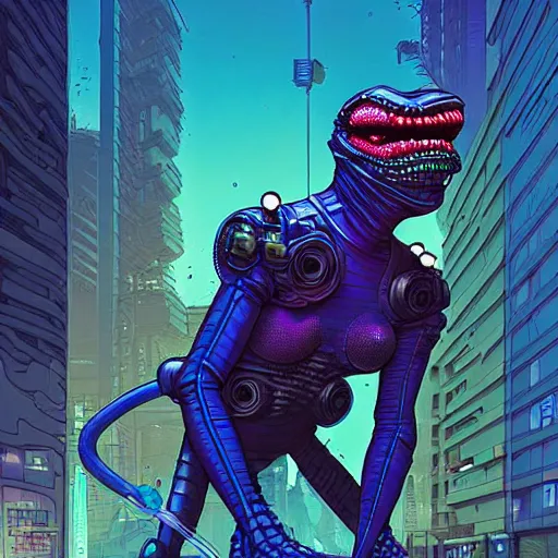 Prompt: A cyberpunk Chameleon cyborg on the street of a cyberpunk city art by Josan Gonzalez, sci-fi, highly detailed, digital painting, artstation, smooth, sharp focus, illustration, concept art by Josan Gonzalez and James Gurney and Mœbius