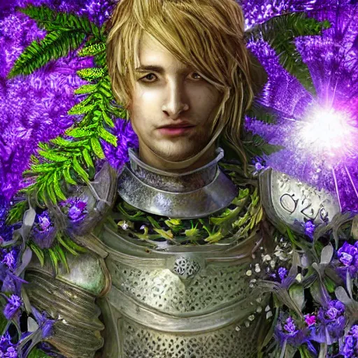 Prompt: half figure shot of a male knight, stern face, clear eyes, shining sword, in a dark forest, shining armour made of steel and flowers, and fractal flowery hair in a fractal garden, glowing delicate flower, berries and ferns that grow in a dark fantasy forest, clear face, peaceful face,