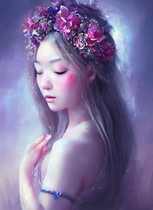 Prompt: a gorgeous flower princess portrait by WLOP, artgerm , digital painting, beautiful lighting, mystical, detailed flowers, 🌺 cgsociety