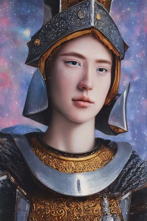 Image similar to hyperrealism oil painting, close - up portrait of caucasian medieval fashion model, knight, steel gradient mixed with nebula sky, in style of baroque mixed with 7 0 s japan book art