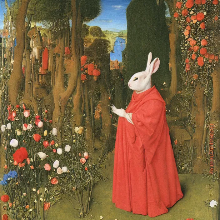 Prompt: a rabbit wearing a cloak of flowers, in a swimming pool, by jan van eyck