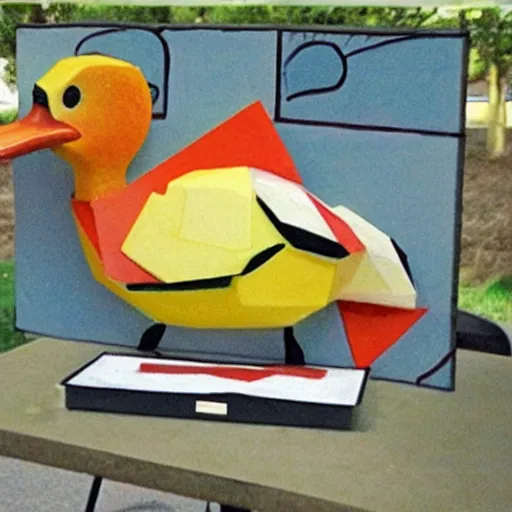 Image similar to a realistic duck walked up to the cubist lemonade stand