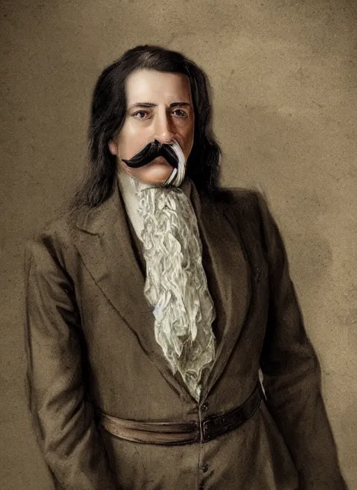 Image similar to an old french baron, long hair, wear an elegant mustach, white scarf, green shirt by artgem, digital art, highly detailled