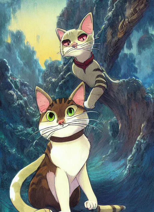 Image similar to official digital painting artwork of a cat character by don bluth, ross tran and studio ghibli.