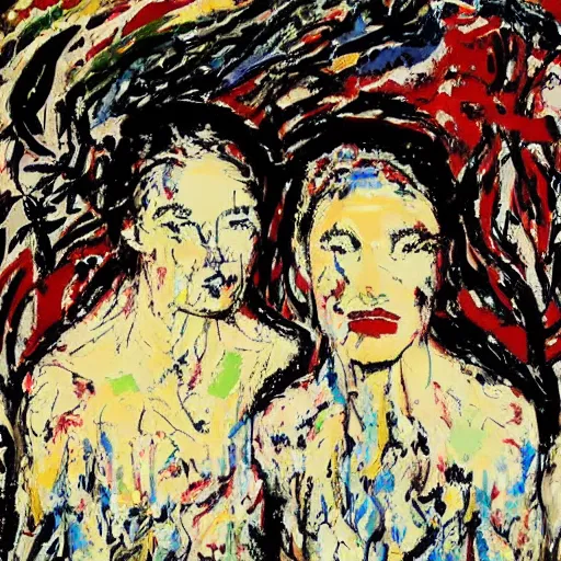 Prompt: a portrait of two beautiful 3 0 year old sisters in a scenic environment by jackson pollock