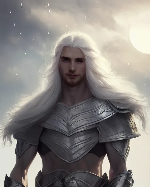 Prompt: portrait, beautiful male elf, long wavy white hair, super detailed, light black armor with silver accenting, silver jewelry, cape, 8 k, cinematic, backlight, octane render, moonlight, snow, clouds, artstation, greg rutkowski, rossdraws, william bouguereau, sharp focus