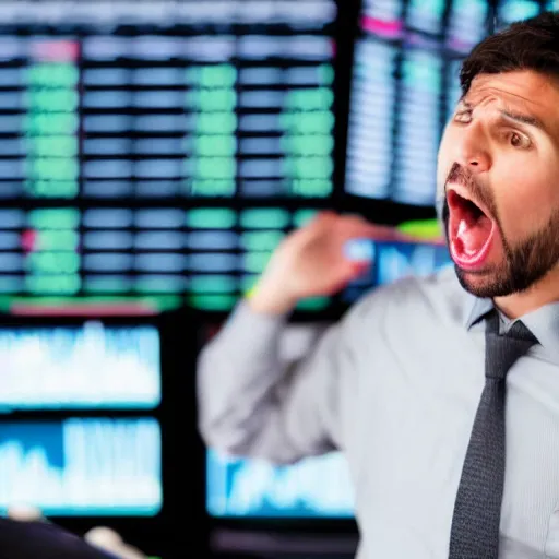 Prompt: photo of a stock trader shouting angrily into a phone