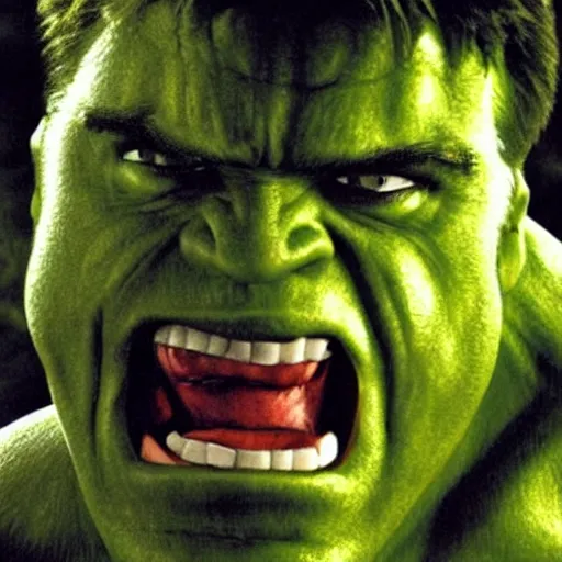 Image similar to nicholas cage as the hulk, gritty portrait, film still