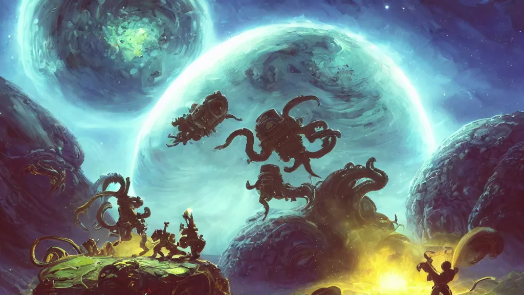 Image similar to Astronauts have a treasure with them, they are running away from the giant Cthulhu that is behind hunting him, they are running over the ring of the gas planet, this is an extravagant planet with wacky wildlife and some mythical animals, the background is full of nebulas and planets, the ambient is vivid and colorful with a terrifying atmosphere, by Jordan Grimmer digital art, trending on Artstation,