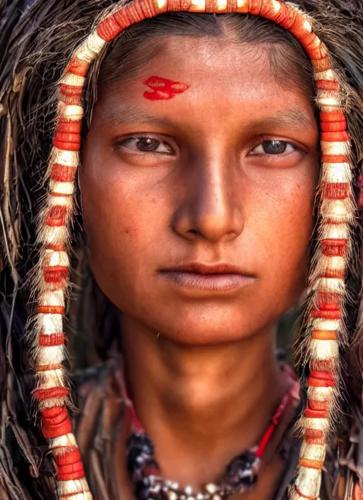 Image similar to closeup portrait of a red indian girl, depth of field, zeiss lens, detailed, symmetrical, centered, fashion photoshoot, by Annie Leibovitz and Steve McCurry, David Lazar, Jimmy Nelsson, Breathtaking, 8k resolution, extremely detailed, beautiful, establishing shot, artistic, hyperrealistic, beautiful face, octane render