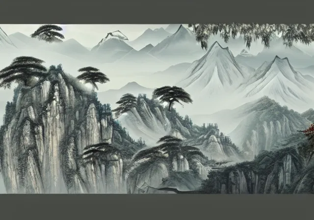 Image similar to ancient Chinese beautiful landscape mode concept art high realism